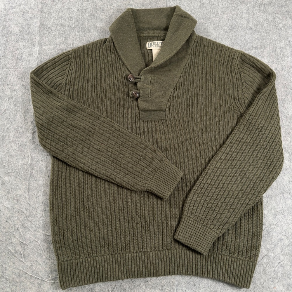 Duluth Trading Co Infantry Mens L Olive Green Shawl Collar Cotton Wool Sweater